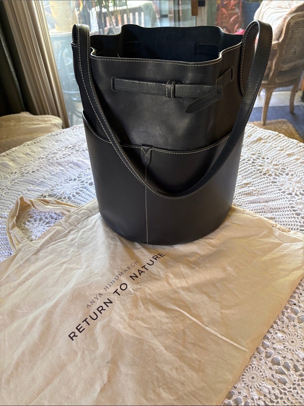 Anya Hindmarch Black Leather Bucket Tote with Contrast Stitching